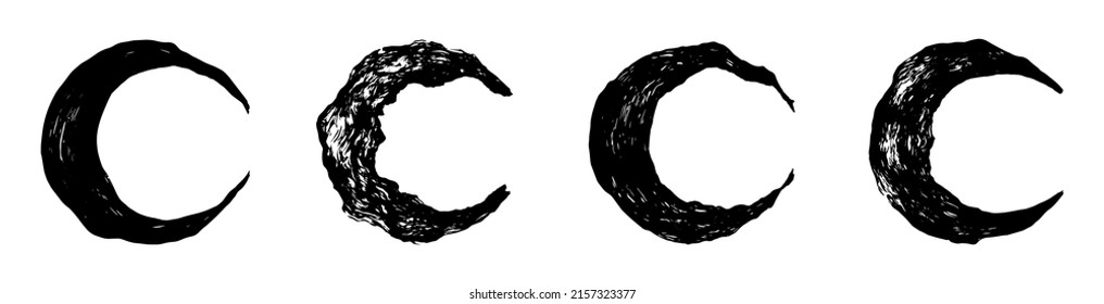 Vector set of circular frames, icons. Design of crescent moon of waves. Ring pattern of stripes, fragments, dots, particles. Cosmic bodies. Symbols for business, discounts, logos, social networks.