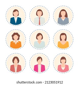 Conjunto de vectores de iconos circulares de mujeres de negocios en trajes. Diseño moderno de estilo plano. Aislado sobre fondo blanco