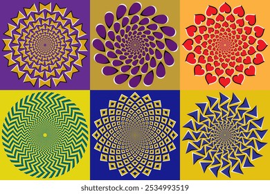 Vector set of circular patterns with different shapes and stripes. Colorful circles with optical illusion of moving. Templates for background design.