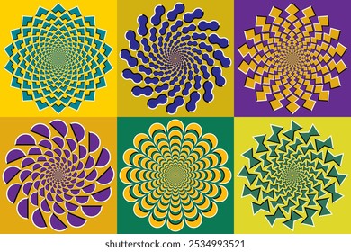 Conjunto vetorial de padrões circulares com diferentes formas geométricas. Círculos coloridos com ilusão ótica de movimento. Modelos para design de plano de fundo.