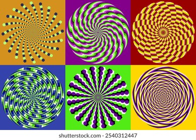Conjunto vetorial de padrões circulares listrados e espirais. Círculos coloridos com ilusão ótica de movimento. Modelos para design de plano de fundo.