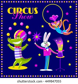 Vector set of circus animals. Cute circus artists in cartoon style: leopard, rabbit, crocodile. Part 2.
