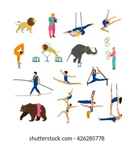 Vector set of circus artists, acrobats and animals isolated on white background. Circus show icons and design elements.