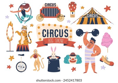 Vector Set With Circus Artists, Animals And Objects. Amusement Show Clown, Marquee, Strongman And Aerial Gymnast