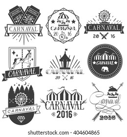 Vector set of circus and carnival labels in vintage style. Design elements, icons, logo, emblems and badges isolated on white background. Amusement park with attractions