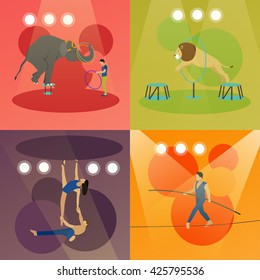 Vector set of circus concept banners. Acrobats and artists perform show in arena. Animals show and performance.