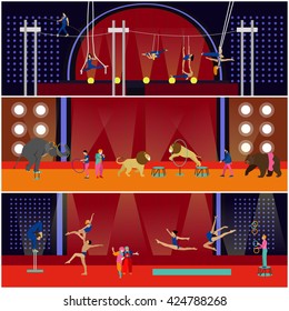 Vector set of circus interior concept banners. Acrobats and artists perform show in arena. Circus interior. Animals show and performance.