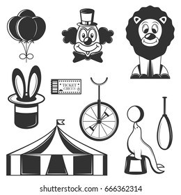 Vector set of circus isolated icons. Black and white circus symbols and design elements. Clown, lion, magic hat, 