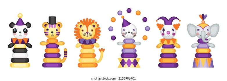 Vector set of circus pyramid toys. Clown and circus animals. Children's holiday, kids' party, stickers, games.