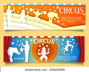 Vector set of circus web banner templates with paper cut circus arena and performers aerial acrobat, magician, trained elephant, clown juggler, bodybuilder.