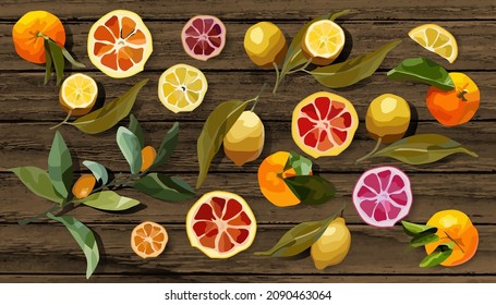 Vector set of citrus fruits whole and sliced on wooden background