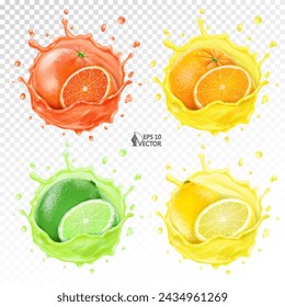 Vector set of citrus. Lemon, orange, lime, grapefruit, whole and half. Fresh sour citrus fruit in realistic transparent juice splash. 3d food illustration isolated on white background