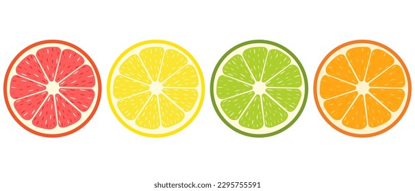 Vector set of citrus slice.Grapefruit, orange, limone, lime icons.Vector illustration