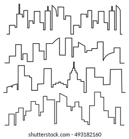 Vector set of city contours of buildings. Cityscape building line design. 