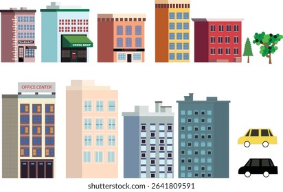 Vector set of City Landscape elements with green trees and cars. Colorful Cityscape elements for city illustration on isolated white background.