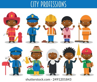 Vector Set of City Professions in cartoon style. Black or African American characters.