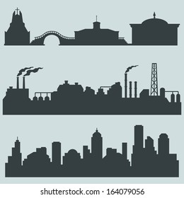 vector set of city silhouettes - cultural, industrial and urban buildings