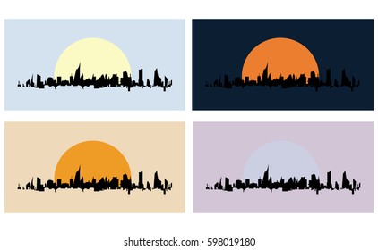 Vector set of city silhouettes and sunset