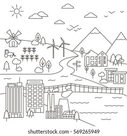 Vector Set of City, Town and Country Landscape Illustration in Thin Line Style. Isolated graphic elements: factory, trees, bridge; wind turbines, clouds and mountains. 