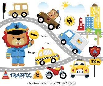 Vector set of city traffic cartoon with cute lion in police uniform