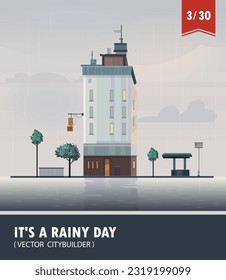 Vector set of Cityscape with building. Vector cartoon illustration of rainy landscape with buildings. Part three 3