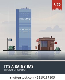 Vector set of Cityscape with building. Vector cartoon illustration of rainy landscape with buildings. Part seven 7