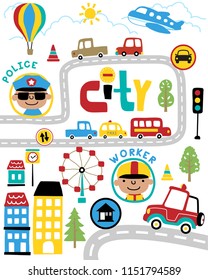 Vector set of cityscape elements cartoon with funny cop and worker.