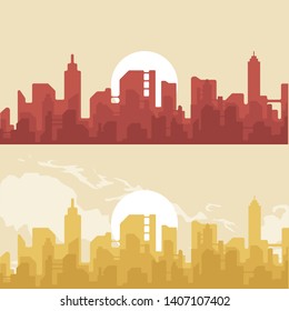vector set of cityscape illustration, sunset skyline and cloudy sky