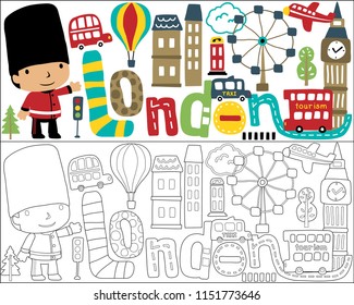 Vector set of cityscape London elements cartoon with little royal guard, coloring book or page