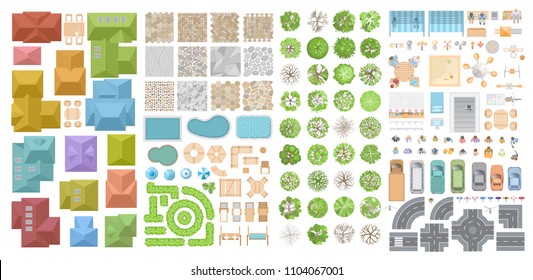 Vector set for a cityscape. Top view. Collection for landscape design, plan, maps. Sidewalk, playground, houses, road, cars, people, home, trees, pools. View from above. 