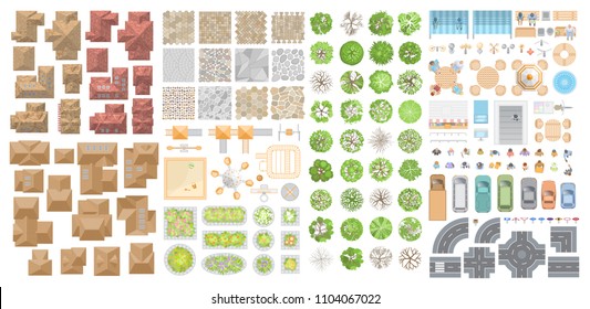 Vector set for a cityscape. Top view. Collection for landscape design, plan, maps. Sidewalk, playground, houses, road, cars, people, home, trees, flower beds. View from above. 