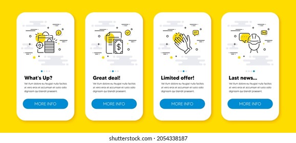 Vector set of Clapping hands, Payment and Seo shopping line icons set. UI phone app screens with line icons. Foreman icon. Clap, Cash money, Analytics. Engineer person. Phone UI banners. Vector