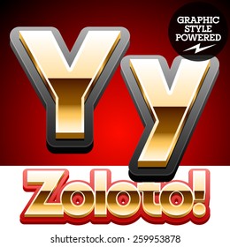 Vector set of classic 3D golden glossy font with black mat border. Optional different styles. Letter Y