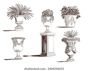 Vector set of classic antique park bowls, vases and flowerpots with plants and flowers on pedestal. Classic engraving hand drawn sketch. Can be used for wedding invitations, illustrations, books, etc.