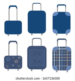 Conjunto vectorial de maletas azules clásicas. Maletas monocromas y con un patrón sobre un fondo blanco.