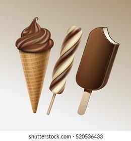 Vector Set of Classic Popsicle Choc-ice Lollipop Ice Cream in Chocolate Glaze and Fruit Juice Ice on Stick with Chocolate Soft Serve Ice Cream Waffle Cone Close up Isolated on Background