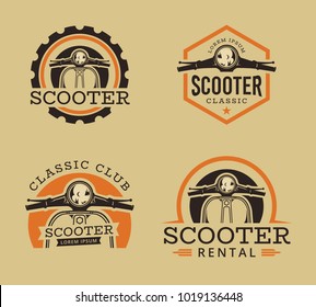 Vector set of Classic scooter emblems, icons and badges. Vector illustration of vintage scooter. Classic retro and vintage motorbike