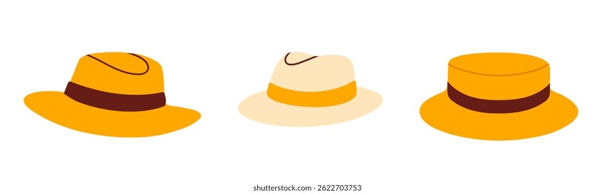 Vector set of classic summer straw hats with brims and ribbons, perfect for sunny weather and beach fashion