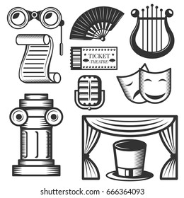 Vector set of classic theater isolated icons. Black and white theater symbols and design elements. Drama masks, harp, tickets, theater drapes and stage curtains.