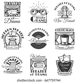 Vector set of classic theater isolated labels, logo and emblems. Black and white theater symbols and design elements. Drama masks, harp, tickets, theater drapes and stage curtains.