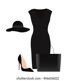 Vector set of classic women's clothing, black dress, elegant, hat, high heels and a little handbag