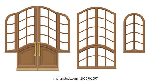 Vector. A set of classic wooden doors and windows. Templates for design. Joinery vintage and furniture