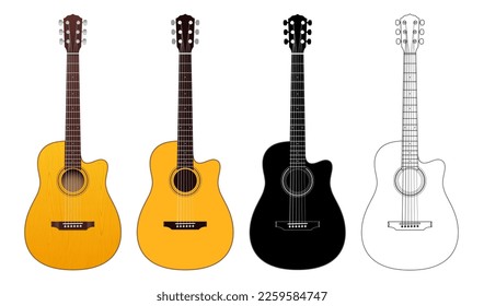 Vector set of classical guitars, in realistic, flat color, black silhouette and outline versions.