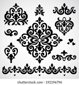 Vector set with classical ornament in Victorian style. Ornate element for design. Frames and vignettes for your text. Pattern for wedding invitations, greeting cards. Traditional floral decor.