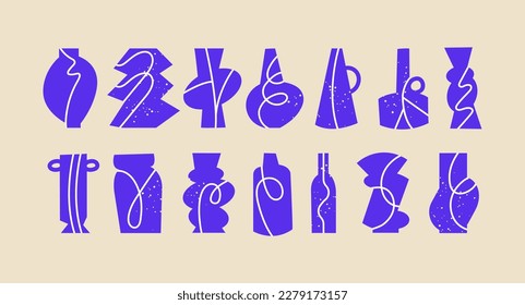 Vector set clay vases with different shapes and forms. Dark blue colored geometric pottery