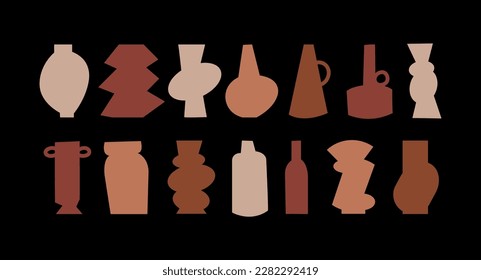 Vector set clay vases with different shapes and forms. Earth colored geometric pottery