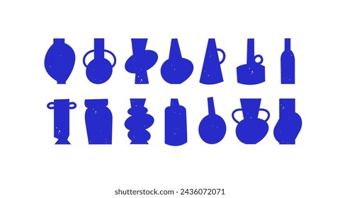 Vector set clay vases with different shapes and forms. Dark blue colored geometric pottery. Hand made ceramics