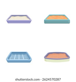Vector set of clean litter boxes with different types of cat litter isolated on white