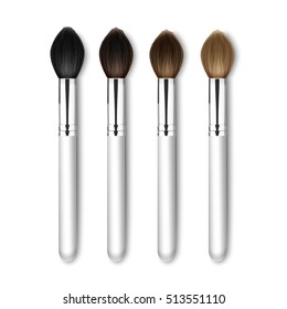 Vector Set of Clean Professional Makeup Blush Brushes with Different Black Brown Bristle and White Handles Isolated on White Background