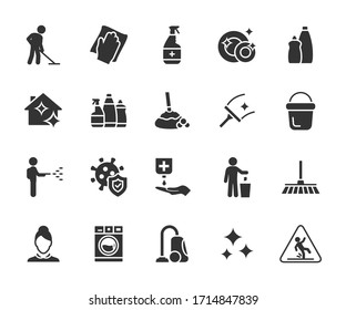 Vector set of cleaning flat icons. Contains icons disinfection, detergents, maid, laundry, cleaning services, wet floor, virus protection and more. Pixel perfect.